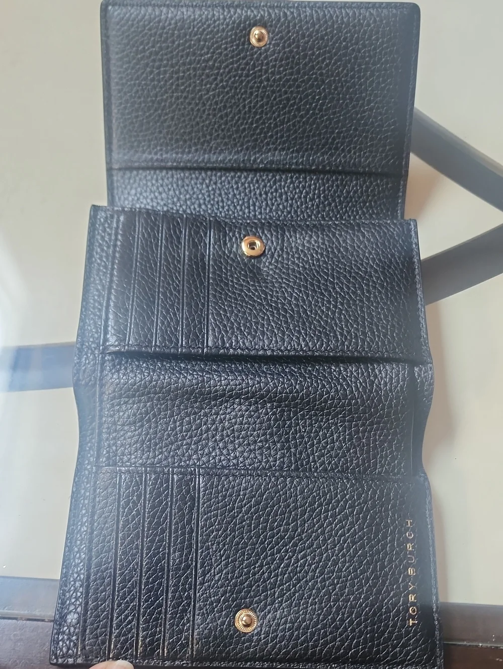 Tory Burch Black Pebbled Leather Thea Medium Flap Wallet with Gold Hardware